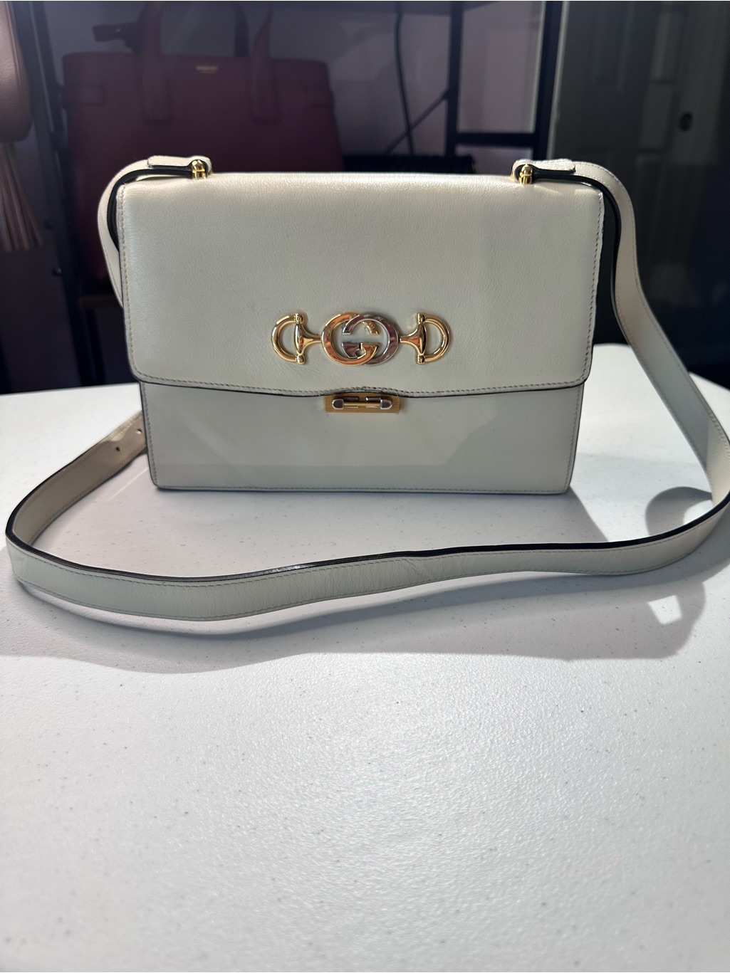 Gucci Zumi Cream Leather Crossbody Bag With Gold Hardware
